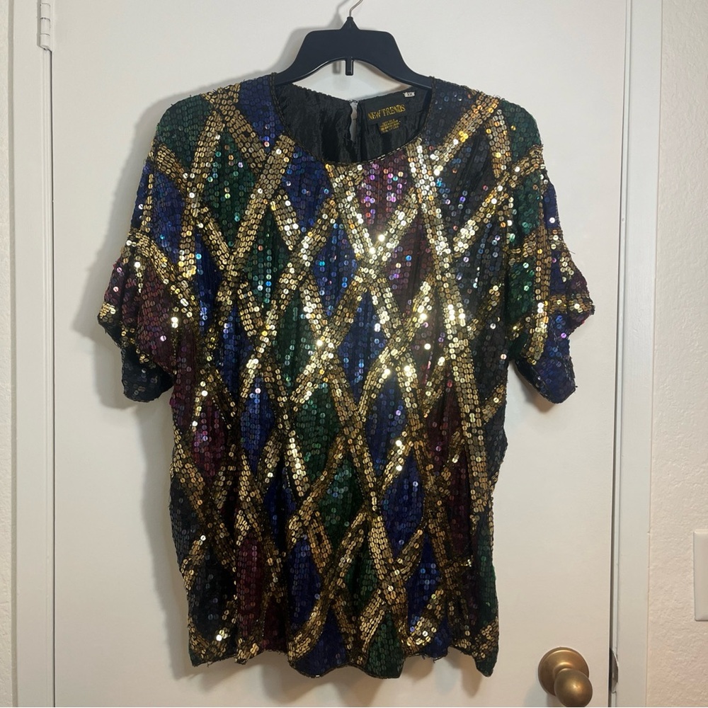 Vtg Gold Blue Green Women’s Sequin Blouse Size 3X Party Bling Beautiful